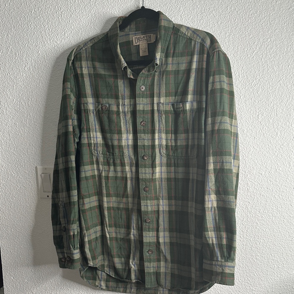 Duluth Trading.co  trim fit Men's  Green blue Plaid Button Down Shirt size L